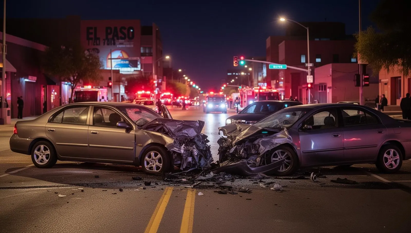 Two-car collision at a downtown El Paso intersection at night
