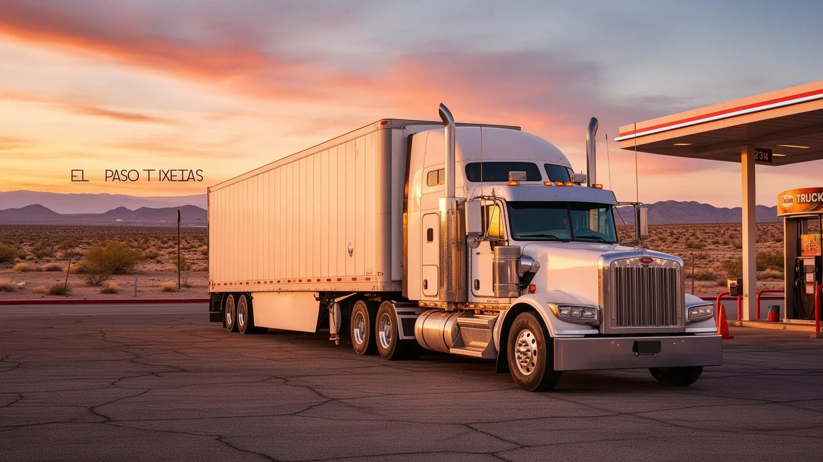 Commercial semi-truck parked at an El Paso, Texas truck stop at sunset