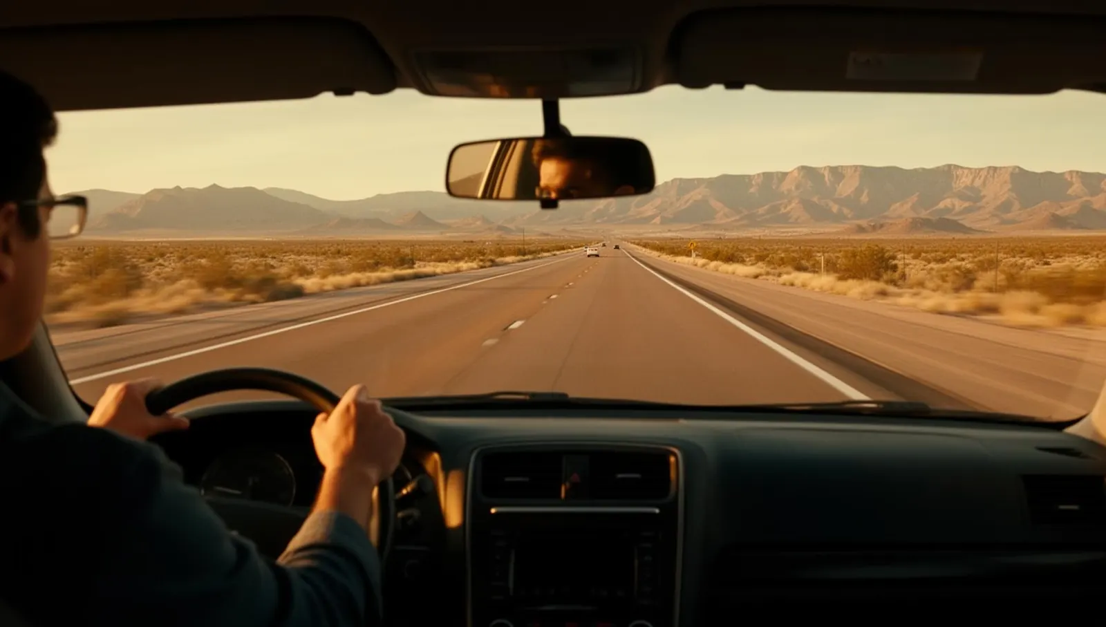 Driver on an open El Paso highway with the Franklin Mountains ahead