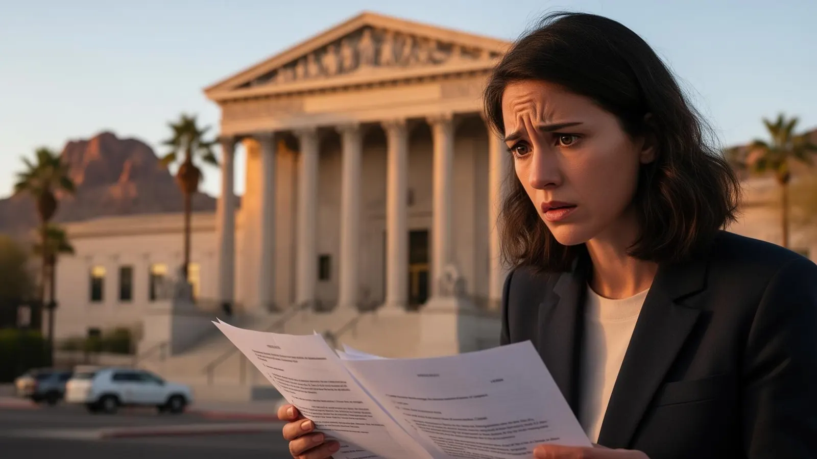 Worried woman reading a court notice outside the El Paso courthouse